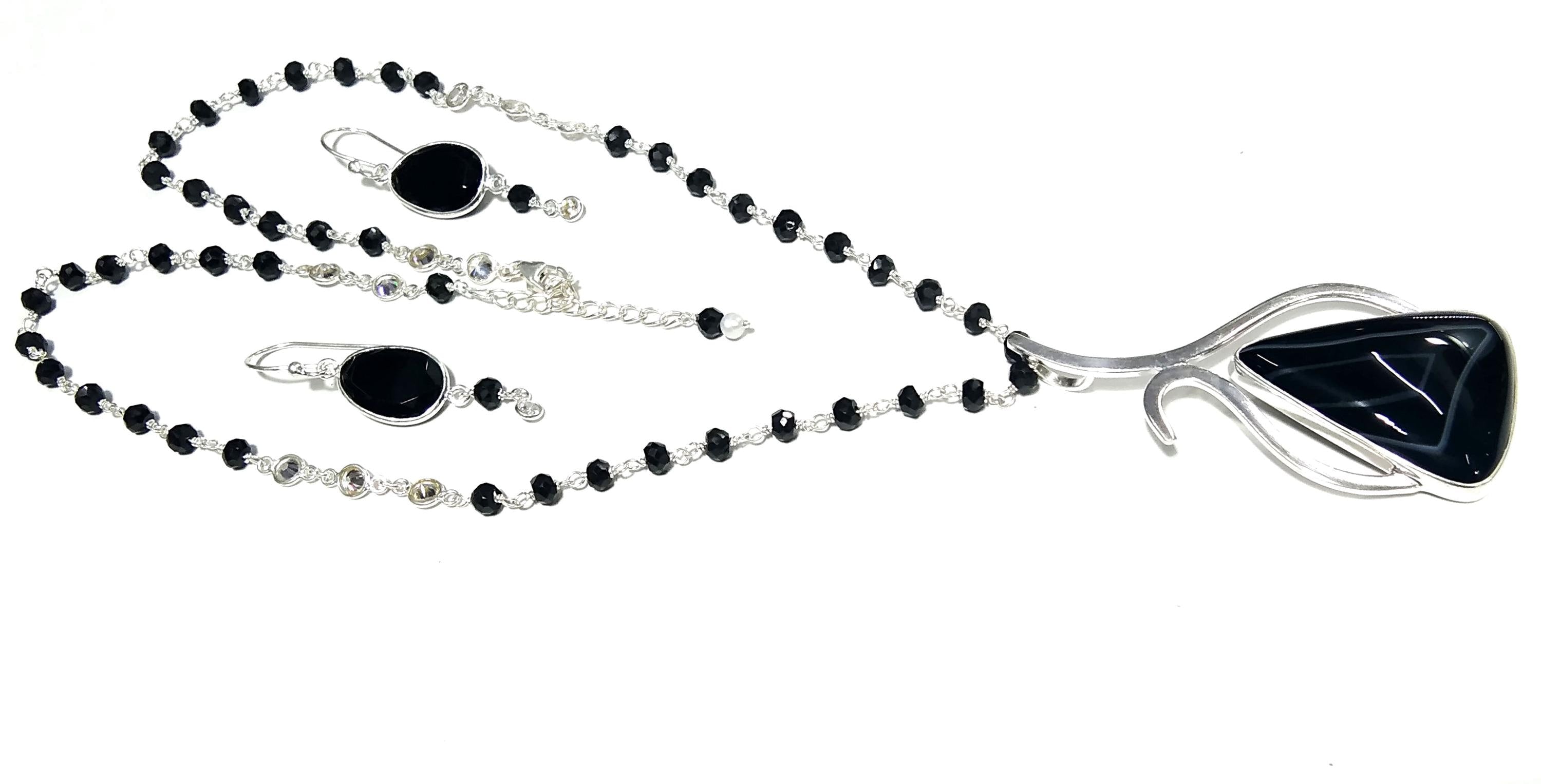 Black Banded Agate Necklace & Earring Set, Solid 925 Sterling Silver Necklace, Beautiful Design Necklace Jewelry Gift Birthstone